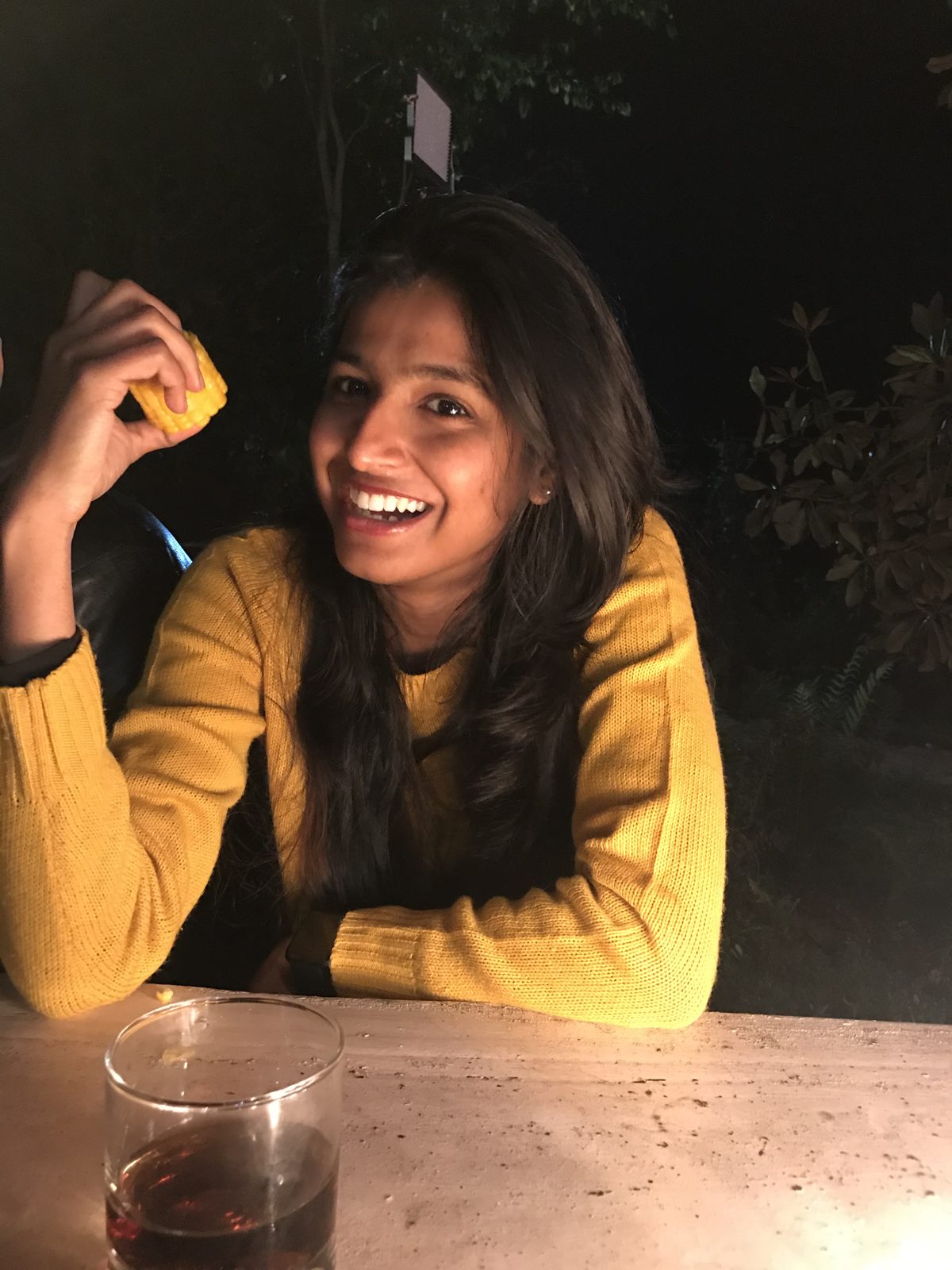 Sloka resting and smiling after a long day of events
