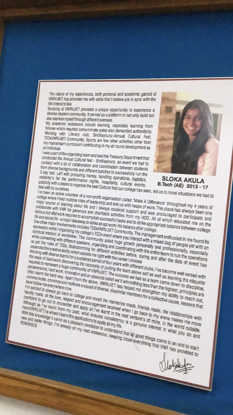 Sloka's story written and framed on the VNR College Wall of Fame